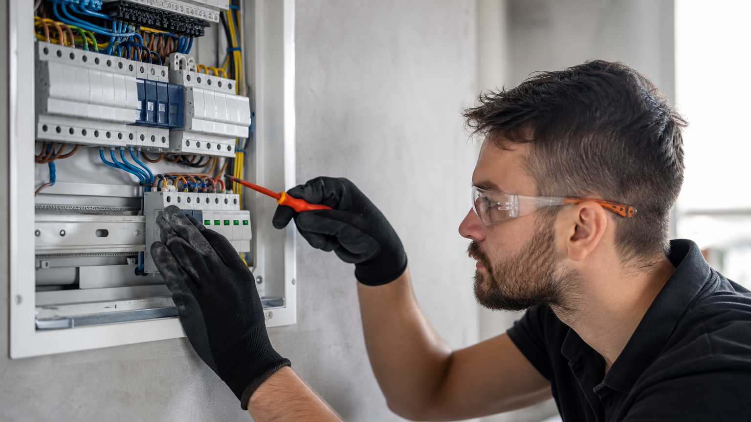 Elektrikár pri rozvádzači s prepäťovou ochranou