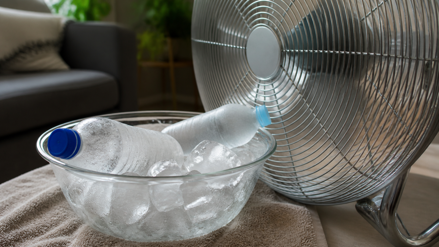 Ventilátor s miskou ľadu pred ním