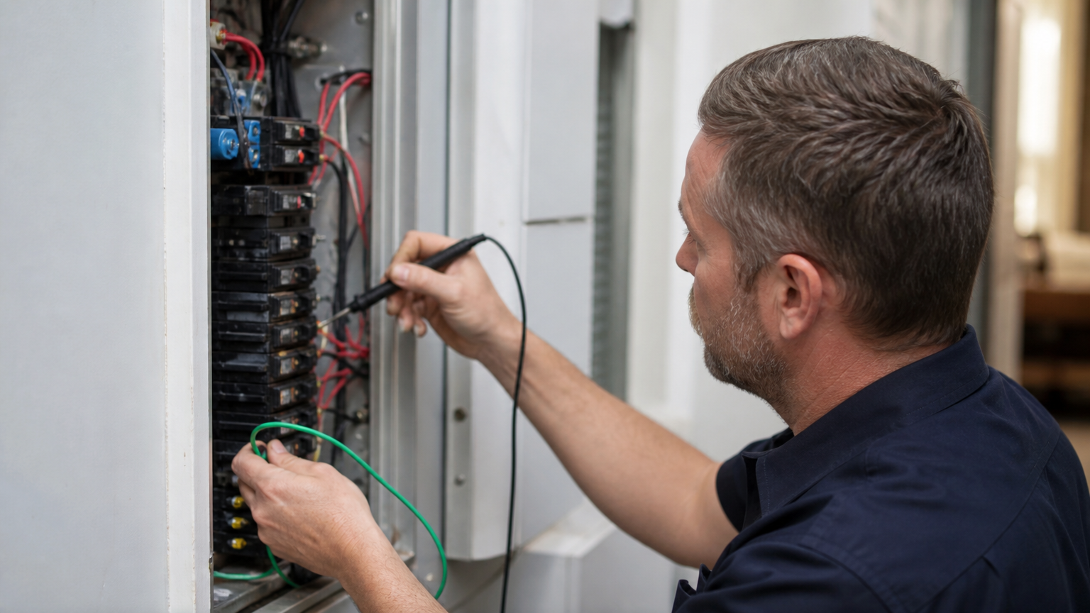 Elektrikár kontroluje rozvádzač po probléme s chráničom